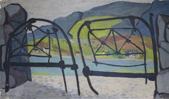 Anne M.A.Anderson oil on canvas, Coast viewed through railings, signed, 46 x 76cm. unframed.